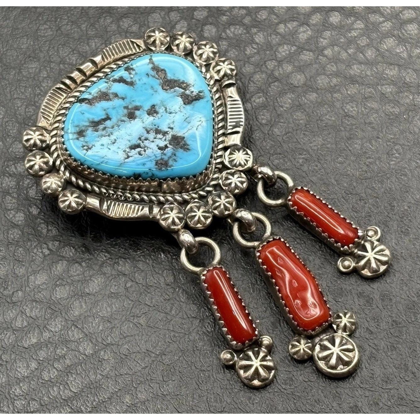 Vtg Navajo Fred Harvey Era Sterling Silver Turquoise Coral Brooch Pendant